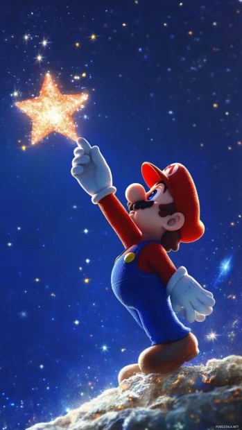 Cosmic Mario Galaxy Wallpaper featuring him reaching for a Grand Star against a shimmering sky.