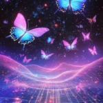 Cosmic butterflies over a glowing grid landscape in a dreamlike trippy style.