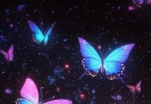 Cosmic butterflies over a glowing grid landscape in a dreamlike trippy style.