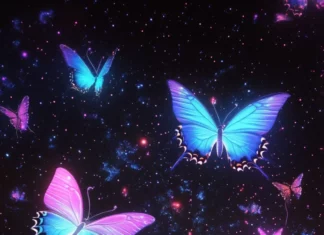Cosmic butterflies over a glowing grid landscape in a dreamlike trippy style.