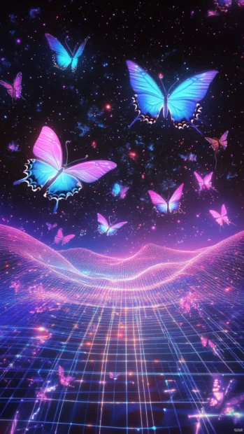 Cosmic butterflies over a glowing grid landscape in a dreamlike trippy style.