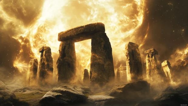 Cosmic dust swirling around ancient monolithic structures, an epic trippy landscape.