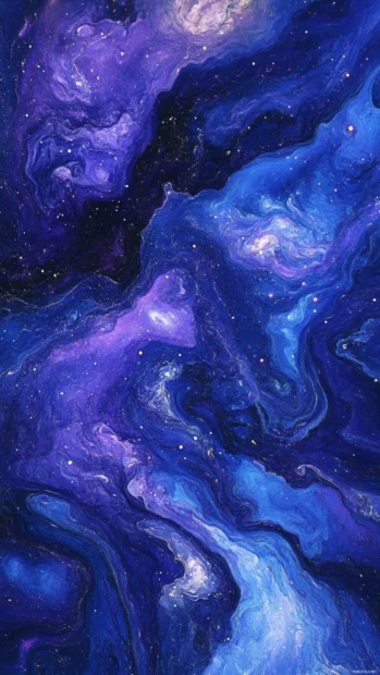 Cosmic galaxy swirls in deep blue and purple shades.