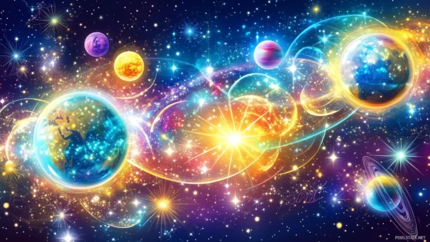 Cosmic neon scene, planets glowing, stars vibrant, light trails radiant, vector art.