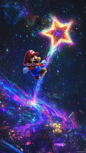 Cosmic themed Mario Star Wallpaper where Mario rides a shooting star past neon galaxies.