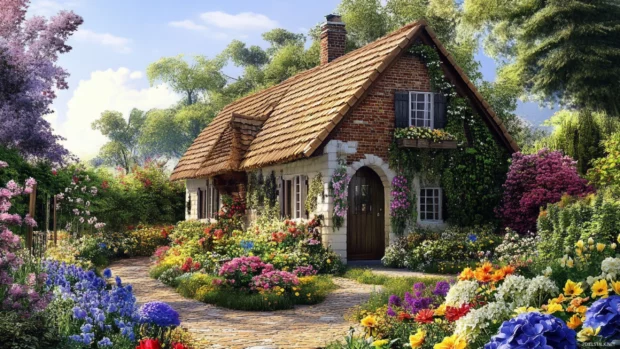 Cottage garden full of flowers.