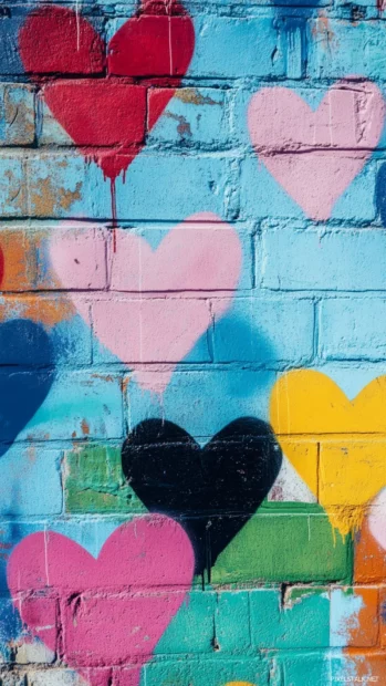 Cotton candy cloud shapes forming hearts in aesthetic graffiti wallpaper for mobile.