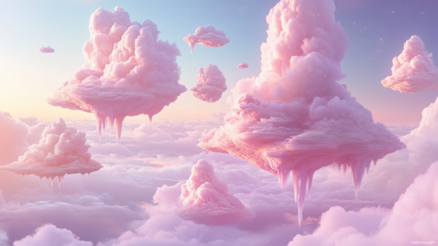 Cotton candy clouds arranged like floating islands in a fantasy sky.