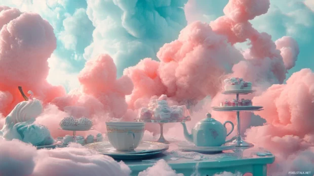 Cotton candy clouds over a whimsical tea party scene.