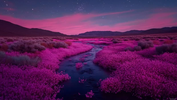 Cotton candy rivers flowing under pink stars.