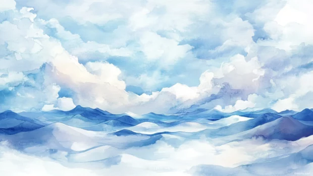 Cottony watercolor clouds drifting lazily over desert dunes.