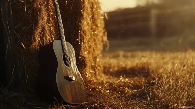 Country Music wallpaper HD for Desktop, A wooden acoustic guitar leaning against a hay bale under warm light.