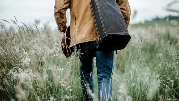 Country musician walking through tall grass with guitar case.