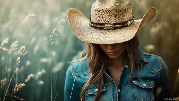 Country road cowgirl wallpaper for desktop with denim details and straw hat.