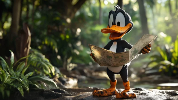 Covered in mud and holding a map, Daffy Duck stands proudly in front of a jungle background.