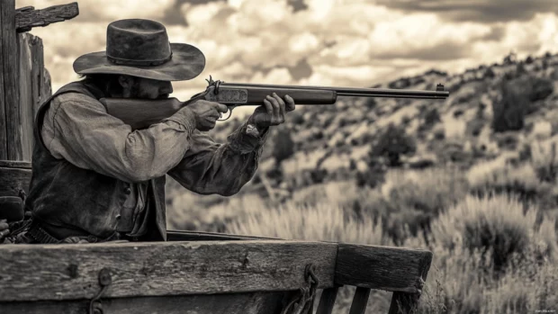 Cowboy aiming rifle from behind old wagon.