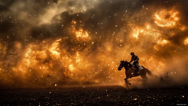 Cowboy at full speed, horse stirs dust, coat flaring in wind.