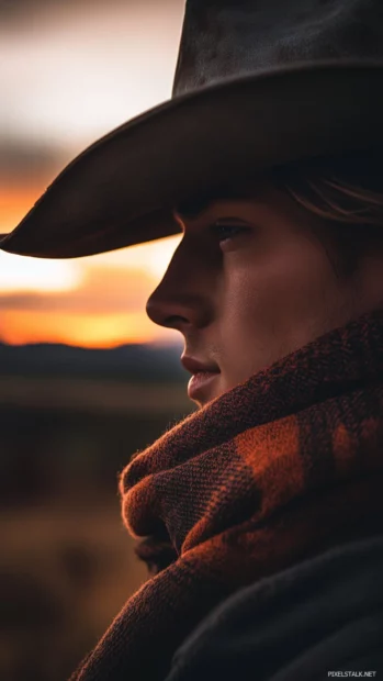 Cowboy boots on stirrups, dusty worn leather, rugged western life detail.