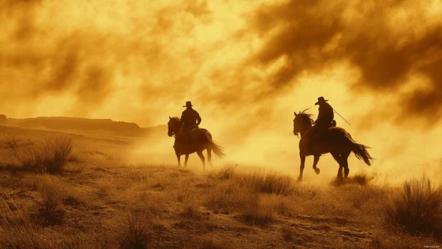 Cowboy desktop wallpaper HS resolution showing horseback standoff at high noon.