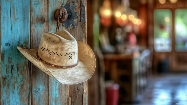 Cowboy hat hanging by saloon door on rustic hook, soft evening glow.