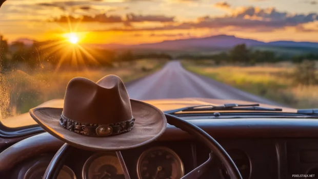 Cowboy hat on pickup truck dashboard, open road and sunset background.