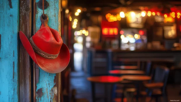 Cowboy hat on rustic hook by saloon door, evening light spilling inside.