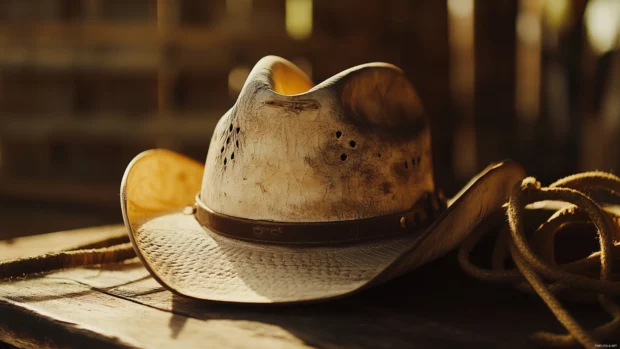Cowboy hat on table with leather gear and lasso, sunlight filtering through barn window.