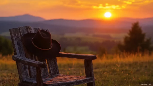 Cowboy hat placed on chair, western sunset scene with mountains and soft orange sky.