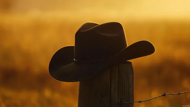 Cowboy hat resting on fence post, golden hour light, long shadows on dusty plains.
