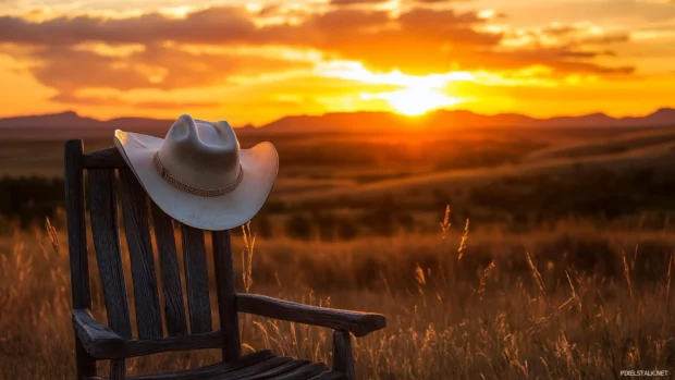 Cowboy hat resting on wooden chair, western sunset, mountains far away and orange sky fading.