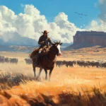 Cowboy herding cattle across open plains in 4K widescreen wallpaper.