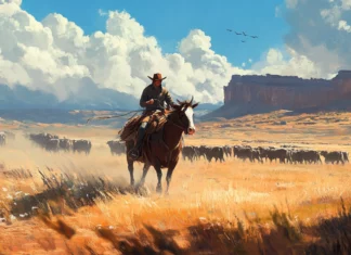 Cowboy herding cattle across open plains in 4K widescreen wallpaper.