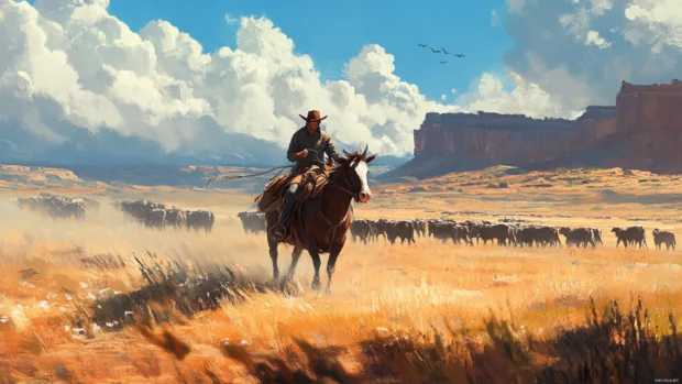 Cowboy herding cattle across open plains in 4K widescreen wallpaper.