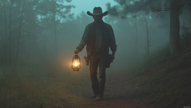 Cowboy holding lantern walking through foggy trail.