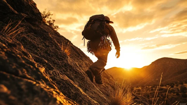 Cowboy in full gear climbing rocky slope at dawn.