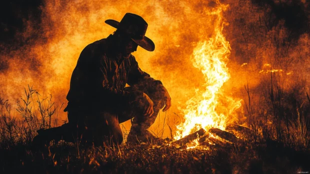 Cowboy kneeling beside campfire surrounded by shadows.