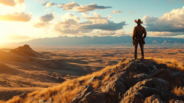 Cowboy looking toward horizon from rocky ridge.