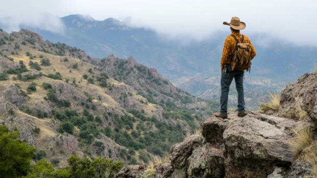 Cowboy overlooking valley from narrow ridge path.