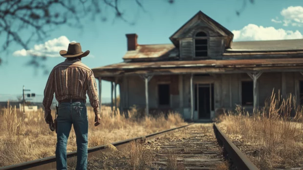 Cowboy passing by abandoned rail station.