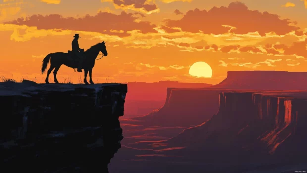 Cowboy riding horse beside canyon edge at sunset.