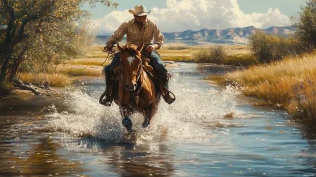 Cowboy riding through shallow river crossing.