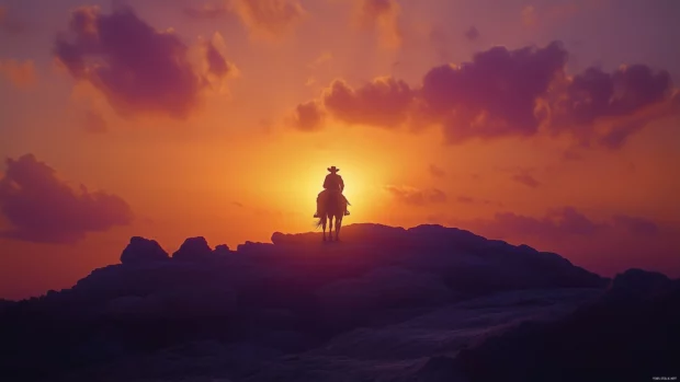 Cowboy silhouette on horseback in desert with bright orange purple sunset.