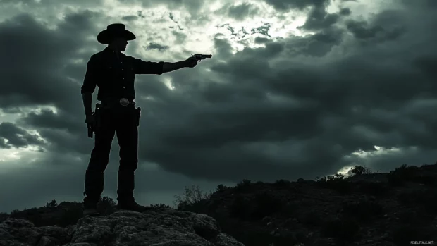 Cowboy silhouette on ridge, hand on revolver, storm clouds forming.