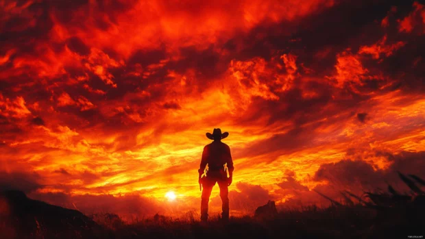 Cowboy silhouette under fiery sunset in high resolution cowboy desktop wallpaper 4K.