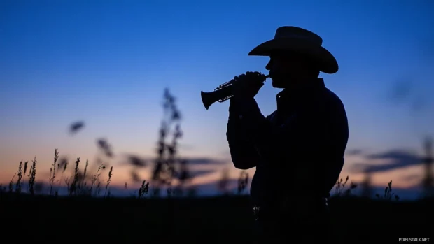 Cowboy silhouette with a harmonica under blue dusk.