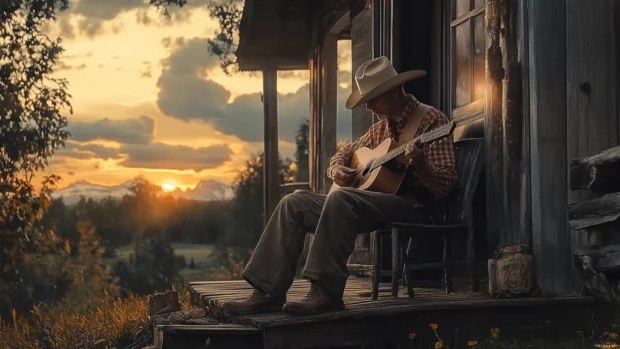 Cowboy sitting on porch with guitar at dusk.