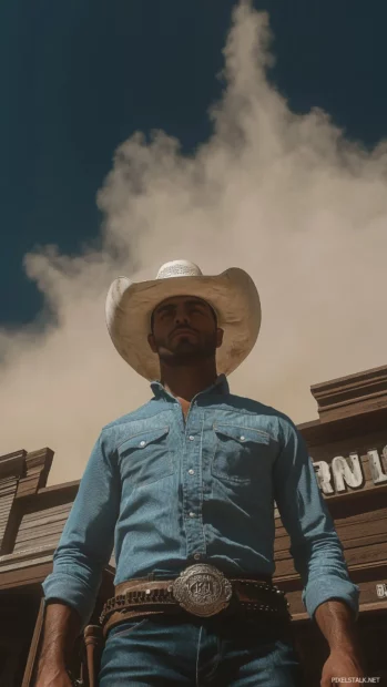 Cowboy stands before western saloon, hands on belt, dust storm approaching.