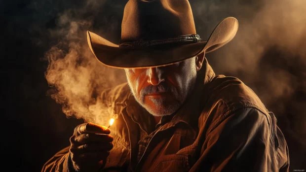 Cowboy striking match to light cigar.