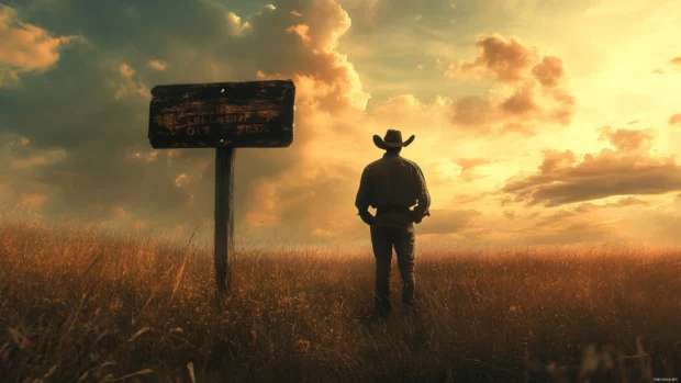 Cowboy waiting under rickety wooden signpost.