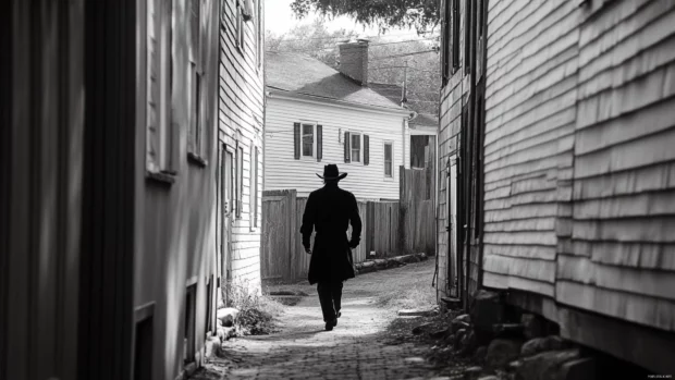 Cowboy walking down alley between clapboard buildings.